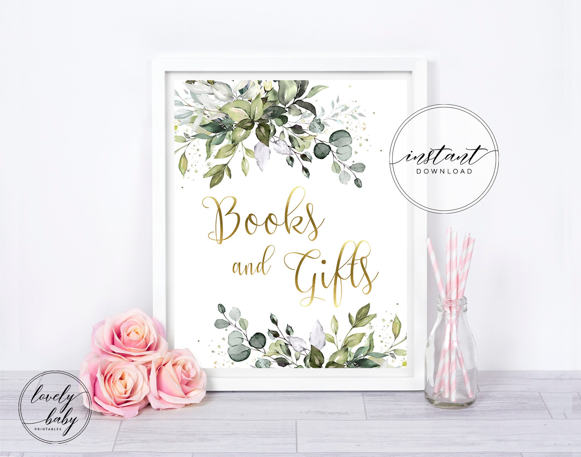 Printable Baby Shower Books and Gifts Sign Printable Greenery Etsy