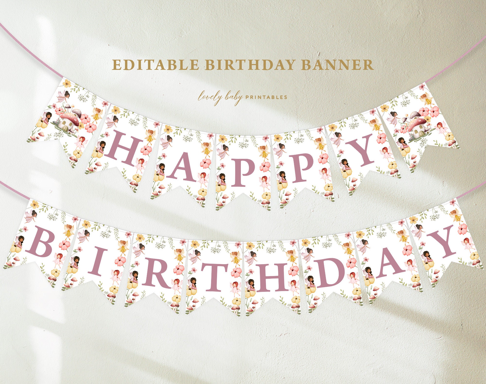 Happy Birthday Banner Fairy Garden Magical Forest Enchanted Printable Girls 1st Birthday Bunting Custom Party Decorations