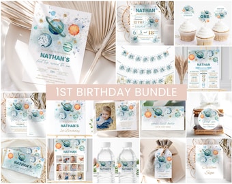 Ruimte verjaardagsuitnodiging bundel eerste reis rond de zon afdrukbare 1e verjaardag DIY babyjongen verjaardagsdecoratie ideeën direct downloaden
