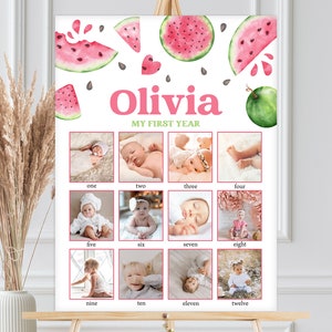 Signo de hito del primer año, collage de póster fotográfico de 12 meses / sandía, uno en un verano de melón / decoración de fiesta de 1er cumpleaños para niñas imprimibles PWM