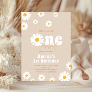 Daisy Birthday Invitation, Invite | Little Miss ONEderful, Flowers, Spring | Printable Girl 1st Birthday Party Invite, Editable Template LMO