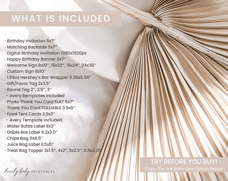 May include: A printable party pack for a birthday celebration. The pack includes a birthday invitation, welcome sign, favor tags, thank you cards, and more. The text "WHAT IS INCLUDED" is at the top of the image.
