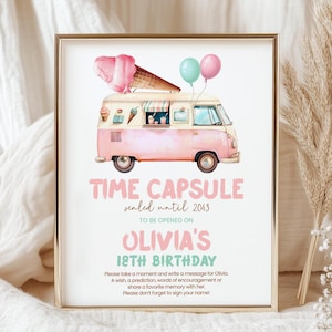 Placa de cápsula do tempo de aniversário, cartão | Caminhão de sorvete, aqui está a colher, retrô | Decoração para festa de 1º aniversário de meninas para impressão, jogos, lembranças IC2