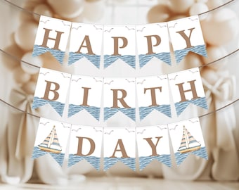 Faixa de Feliz Aniversário | Náutico, Barco à Vela, Nosso Pequeno Marinheiro | Bandeirinhas para Imprimir para o 1º Aniversário de Meninos, Guirlanda Personalizada para Decoração de Festa de Aniversário NAU