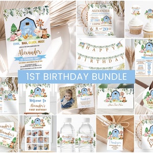 Farm Birthday Invitation Bundle Printable Boys 1st Birthday Bundle Farm Animals First Birthday Party Invite Barn Barnyard Printable Editable