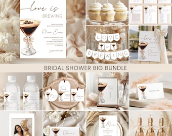 Love is Brewing Bridal Shower Bundle, Invite | Espresso Martini, Coffee, Bow | Printable Bridal Shower Party Decor, Games Bundle, Signs EM1