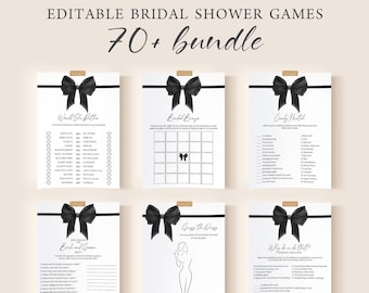 Editable Bridal Shower Games Bundle, Set | Black Bow, She&#39;s Tying The Knot | Printable Wedding Shower Party Game Pack, Hens Bachelorette BS1