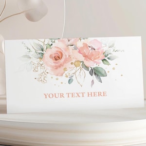 Cartes de présentation pour restaurant, cartes de visite imprimables, marque-places, étiquettes pour aliments | Bébé en fleurs, rose poudré, floral bohème | Décoration de fête prénatale pour fille BI3