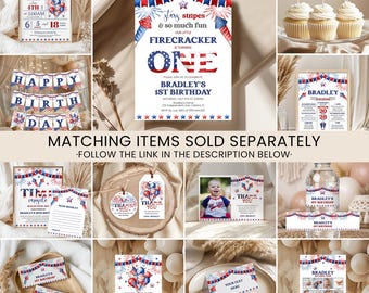 Patriotic 1st Birthday Invitation Bundle | Little Firecracker, Red White & Blue | Printable Birthday Party Signs, Decor RWB