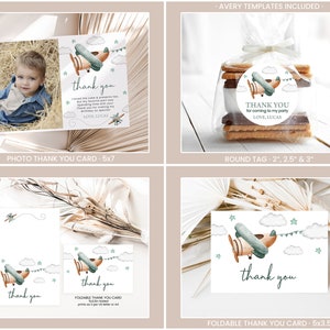 May include: Printable thank you cards featuring a watercolor illustration of a blue and brown airplane flying through clouds with stars and a banner that says "thank you". The cards are available in two sizes: 5x7 inches and 5x3.5 inches. The cards are also available as a round tag in 2, 2.5, and 3 inch sizes.