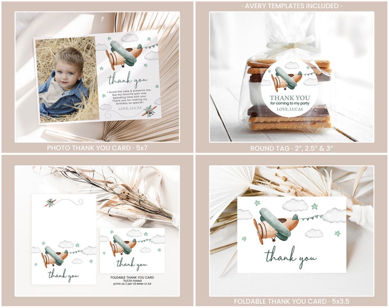 May include: Printable thank you cards featuring a watercolor illustration of a blue and brown airplane flying through clouds with stars and a banner that says "thank you". The cards are available in two sizes: 5x7 inches and 5x3.5 inches. The cards are also available as a round tag in 2, 2.5, and 3 inch sizes.