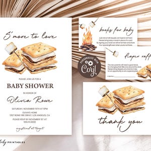 Conjunto de convites para chá de bebê Smores, suíte | Smore To Love, Smore Fun, Camping, Fogueira | Pacote de festa para chá de bebê para impressão, gênero neutro SM1