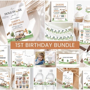 Hole In One Birthday Bundle, Pierwsze zaproszenie na urodziny | Golf Cart, Golfing Par Tee | Wydrukowana dekoracja na pierwsze urodziny, pomysły, chłopcy, dziewczęta HIN