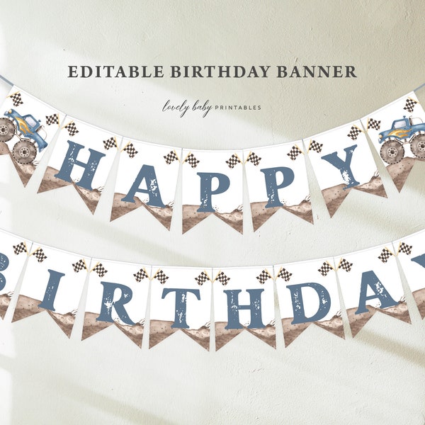 Banner de feliz cumpleaños / Monster Tuck, encienda su motor / niños imprimibles 1er cumpleaños Bunting, decoraciones personalizadas de fiesta de cumpleaños Garland MTB