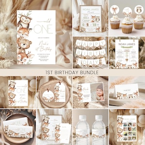 May include: A collection of woodland-themed 1st birthday party supplies. The set includes invitations, banners, cupcake toppers, water bottle labels, and other stationery items. The designs feature illustrations of an owl, fox, bear, and deer.