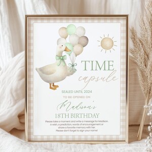Placa de cápsula do tempo de aniversário, cartão | ONE Silly Goose, balões, guingão retrô | Ideias para decoração de festa de primeiro aniversário para impressão, jogos, lembrança OS1