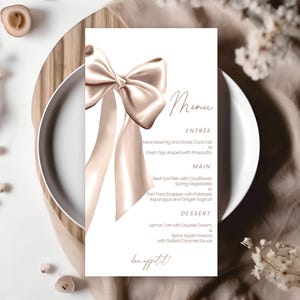 Menukaartsjabloon vrijgezellenfeest | Beige strik, ze knoopt de knoop, elegant chic lint | Feestdecoratie bruiloft, kippen, vrijgezellenfeest BS2
