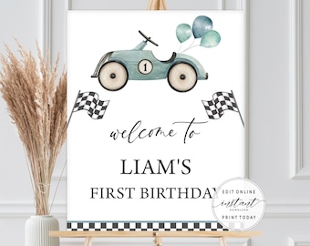 Race Car Birthday Welcome Sign Printable Welcome Poster Baby Boy 1st Birthday Party Decor Fast One First Birthday Ideas Editable Instant RC1