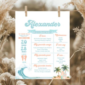 Cartel de cumpleaños, póster / El gran éxito, ola de surf, tabla de surf, playa / Ideas imprimibles para la decoración del primer cumpleaños de niño, recuerdos TB1