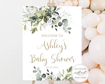 Baby Shower Welcome Sign Printable Greenery Welcome to Baby Shower Sign Editable Template Gold Baby Shower Decor Watercolor Botanical DIYGGR