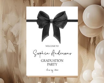 Placa de Boas-Vindas para Festa de Formatura | Laço e Fita Pretos Coquette | Ideias de Decoração para Festa de Formatura Imprimíveis e Editáveis, Ensino Médio, Turma de 2026 GP4