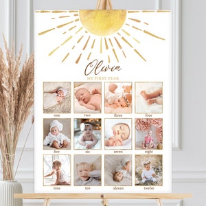 Signo de hito del primer año del bebé, collage de fotos de 12 meses / Sol del sol Nuestro pequeño sol / Niñas imprimibles 1a decoración de fiesta de cumpleaños SU2