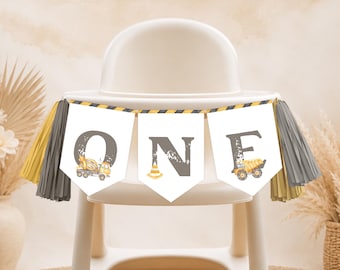 High Chair Banner, Boys 1st Birthday ONE Banner | Construction, Dump Truck | Printable First Birthday Decoration Ideas Instant Download CT