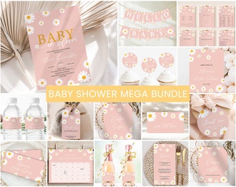 Daisy Baby Shower Bundle, Invitation | Baby In Bloom, Boho Floral, Retro, Spring | Printable Baby Girls Shower Party Decorations, Ideas BIB