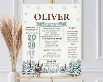 Op de afbeelding: Een gepersonaliseerd eerste verjaardagsbord met de naam "OLIVER". Het bord bevat geboortestatistieken, favoriete liedjes, eten, boeken en dingen die het kind leuk vindt en kan doen. Het bord toont een winterbos met herten.