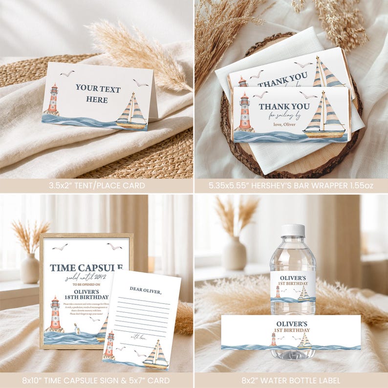 May include: A nautical-themed party stationery set featuring a lighthouse, sailboat, and seagulls. Includes a 3.5x2 inch tent card, a 5.35x5.55 inch Hershey's bar wrapper, an 8x10 inch time capsule sign, a 5x7 inch card, and an 8x2 inch water bottle label.