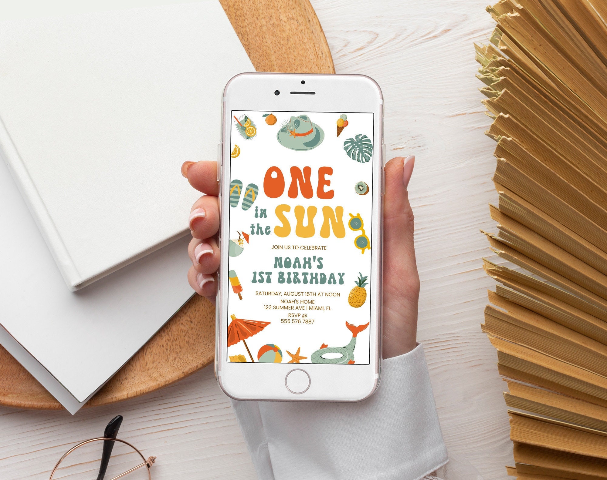 ONE In The Sun Birthday Invitation, Evite | Beach Theme, Pool Party, Tropical Summer | Boy 1st Birthday Invite Template Phone Electronic OIB