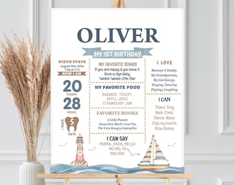 Cartello nautico per il primo compleanno, cartello con le statistiche dei nostri piccoli marinai, ricordo a tema barca a vela (stampabile) NAU