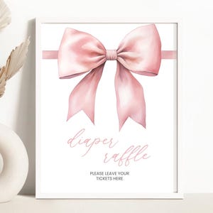 Windel-Verlosung Zeichen, Karte, Ticket | Rosa Schleife, Kokette Schleife, weiches rosa Band | Druckbare Mädchen Baby Shower Party Dekoration Schilder, Spiele PB4