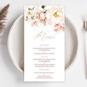 de Carte de menu pour baby shower | Bébé en fleurs, fleurs roses, printemps été, bohème | Menu de fête de naissance à imprimer pour filles, idées de décoration BI1
