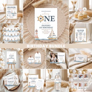 May include: A nautical-themed first birthday party bundle featuring a sailboat and lighthouse design. Includes a birthday invitation, milestone board, cupcake toppers, banner, thank you tags, water bottle labels, and a time capsule card set.