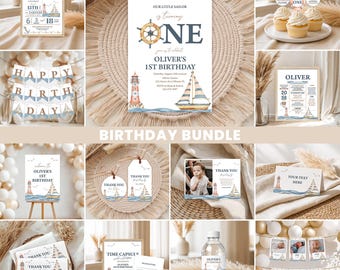 Nautical Birthday Bundle, Boys 1st Birthday Invite | Sailboat, Our Little Sailor, Lighthouse | Printable Boy Birthday Party Decor, Ideas NAU