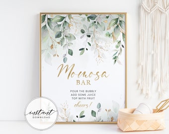 Momosa Bar Sign, Baby Shower Mimosa Bar Sign | Greenery Gold, Botanical Eucalyptus | Gender Neutral Baby Shower Party Decor, Printable BS59