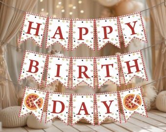 May include: A festive banner with the words "HAPPY BIRTHDAY" in red letters. Each pennant is white with a red gingham border and pizza slice illustrations. The banner is strung against a blurred background.