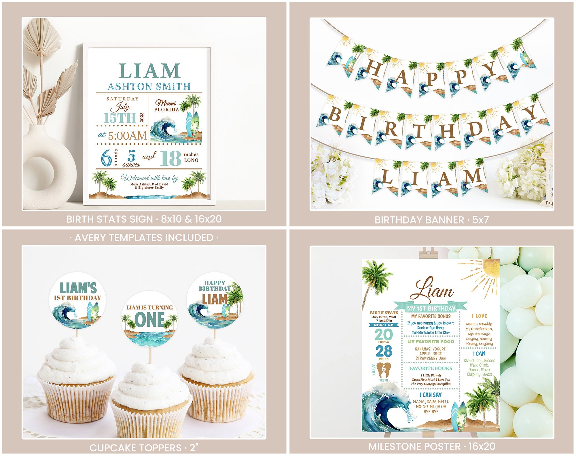 Editable the Big ONE Birthday Bundle Surfing First Birthday Package ...