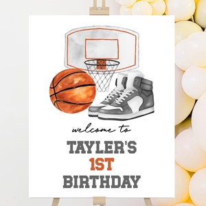 Placa de boas-vindas de aniversário, pôster | Basquete, basquete, vamos ter uma bola | Ideias de decoração para festa de aniversário de 1 ano para meninos editáveis e imprimíveis Placas HO1