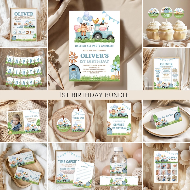 May include: A collection of party supplies for a first birthday, featuring a farm animal theme. Includes invitations, cupcake toppers, thank you cards, and a banner. The color scheme is blue, green, and white, with illustrations of a tractor and farm animals.