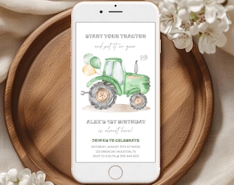 Grüner Traktor Einladungskarte Geburtstag, Digital | Starten Sie Ihren Traktor, landwirtschaftliche Fahrzeuge | Junge 1. Geburtstagsfeier einladen, Smartphone, bearbeitbar TT1