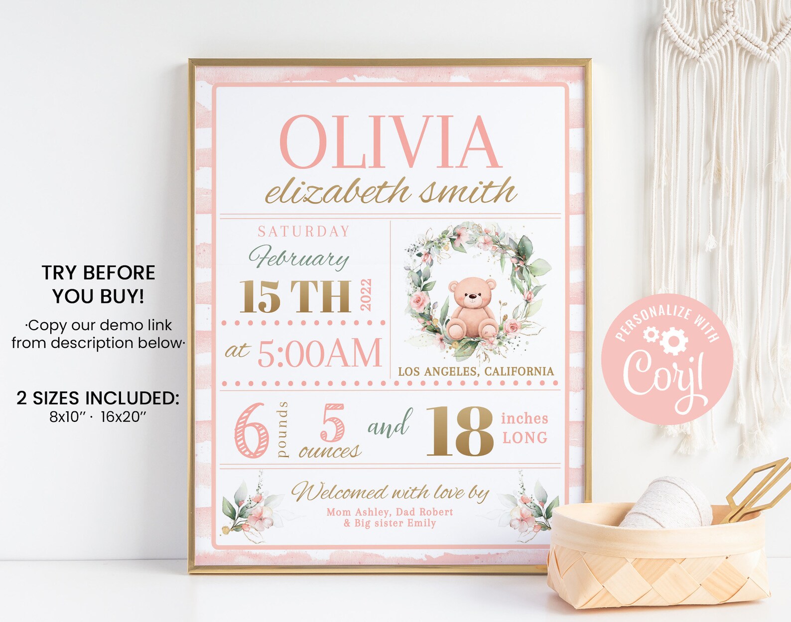 Blush Floral Baby Birth Stats Sign Printable Teddy Bear Birth ...