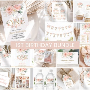 Girl First Birthday Invitation Bundle Blush Pink Floral 1st Birthday Girl Theme Printable Party Decorations Bday Milestone Welcome Sign