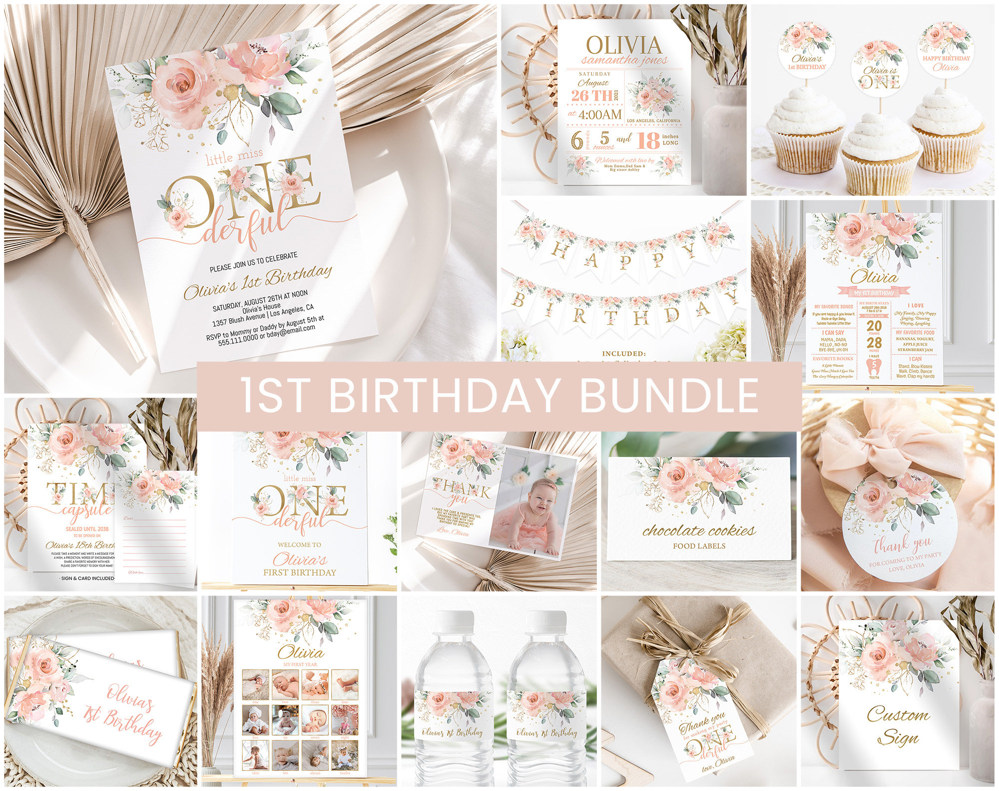 Pacchetto di inviti per il primo compleanno di una bambina, tema floreale rosa cipria, decorazioni per feste stampabili per il primo compleanno, cartello di benvenuto per traguardo di compleanno