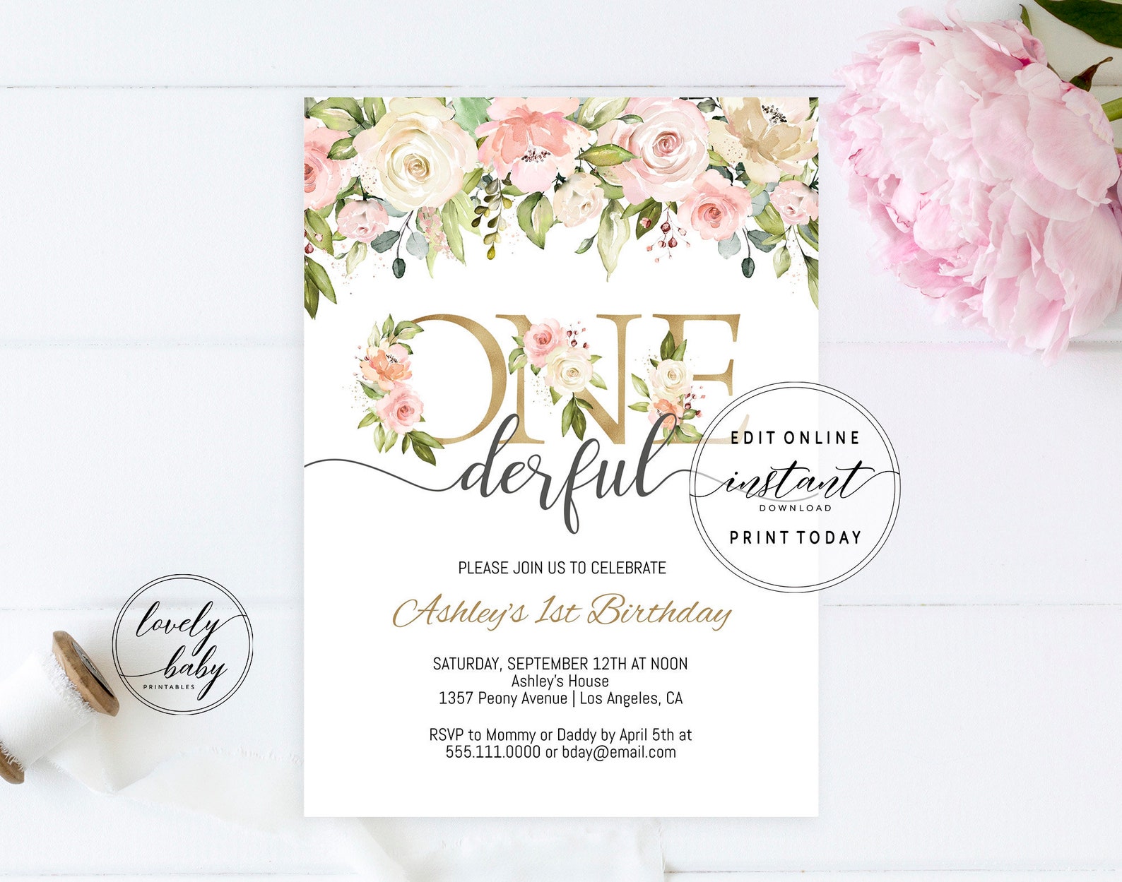 Baby's First Birthday Party Invitation Printable Baby Girl Etsy