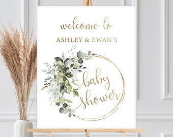 Editable Welcome Sign, Poster | Greenery Gold, Botanical Eucalyptus | Gender Neutral Spring Baby Shower Decoration Ideas, Printable DIYGGR