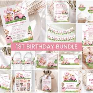 Farm Birthday Bundle, Girls 1st Birthday Invite | Farm Animals, Barn Animals, Barnyard, Ranch | Printable First Birthday Party Decor Ideas