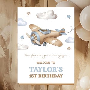 Placa de boas-vindas de aniversário, pôster | Avião, avião de caça retrô, o tempo voa | Decoração de festa de primeiro aniversário de meninos editável e imprimível, placas AP2