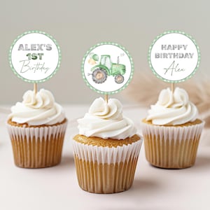 Printable Cupcake Toppers, Party Cake Decor | Green Tractor, Start Your Tractor, Farm | Boys 1st Birthday Decor, Custom Cake Toppers TT1